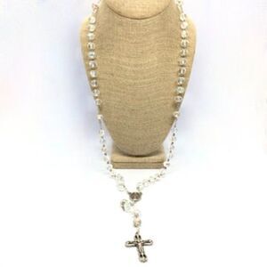 VINTAGE AURORA BOREALIS Rosary Necklace Italy Miraculous Medal Cross Silver Tone